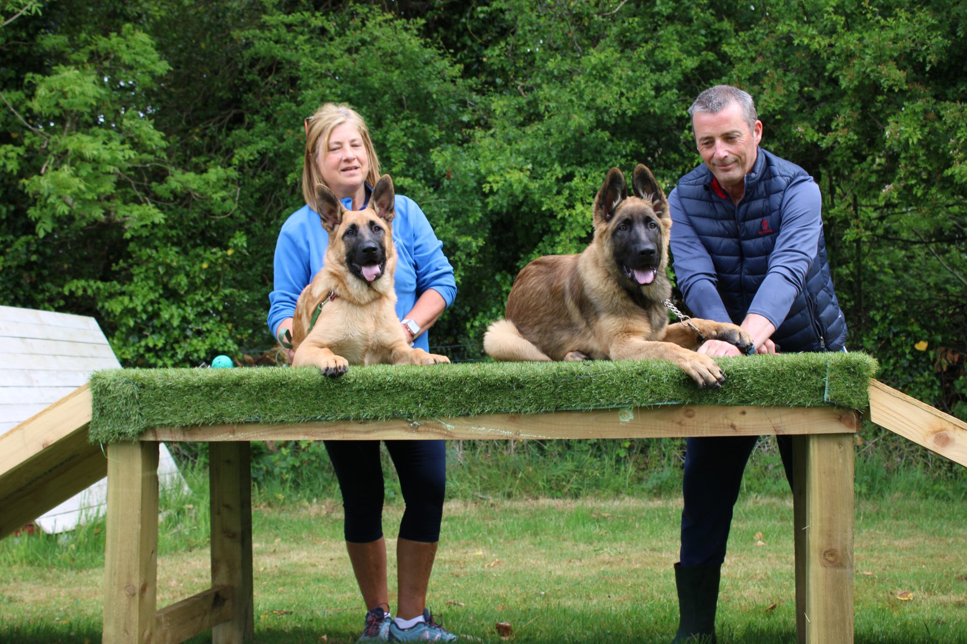 Two people with two dogs